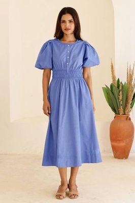 Chambray Puff Sleeve Shirt Dress | Blue