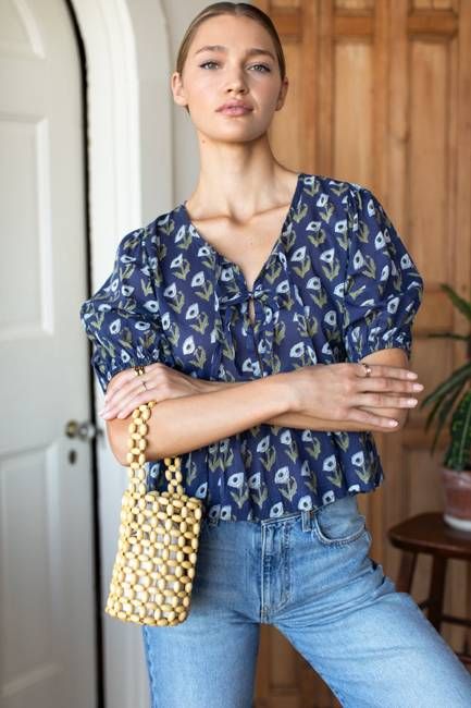 Bastian Top - Pressed Poppies Blue Indigo Organic