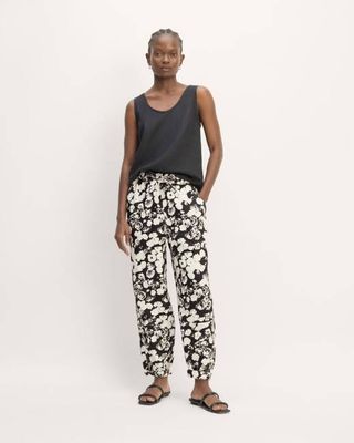 The Linen Pull-On Barrel Pant | Black / Bone Floral