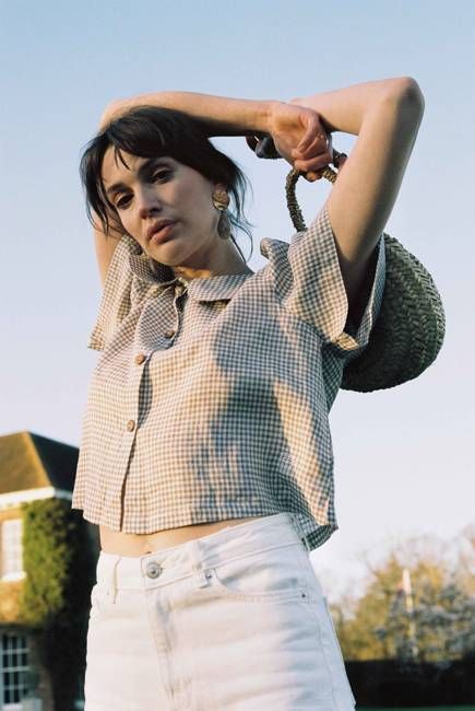 Frances Linen Cropped Blouse  - Fawn Gingham