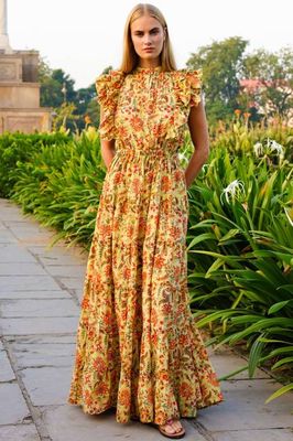 Rose Frill Maxi Dress | Green/Orange