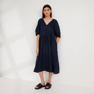 The Linen Oversized Puff-Sleeve Dress | Navy