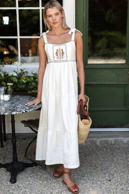 Sara Tier Dress - Ivory + Multicolor Embroidery Linen