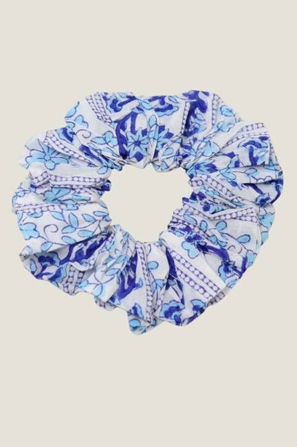 Block Print Scrunchie Linear Botanical | Blue