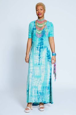 Addy-RvsD Upcycled V-neck Column Dress, Turq-Indigo