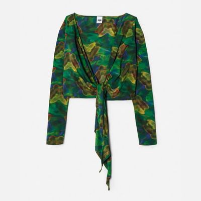 Wrap Tie Top - Green Butterfly