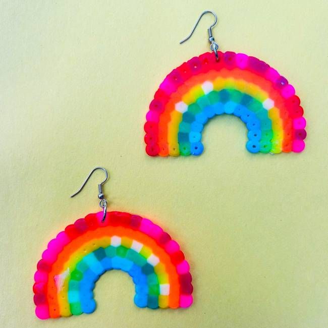 Vibrant Rainbow Arc Earrings - Upcycled Perler Beads by Constance Wilde