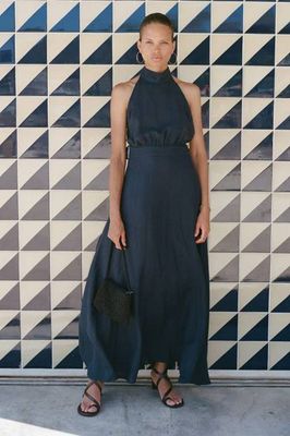 The Isi Halterneck Dress in navy blue