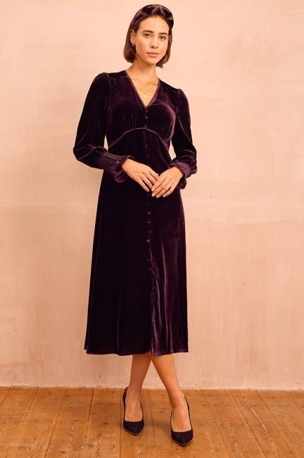 Sally Anne Velvet Long Sleeve Dress | Aubergine