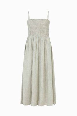 The Harlow Smocked Maxikleid in gestreiftem Olivgrün