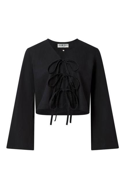 SAVANNAH - Linen/OC Blend Tie Front Top - Black