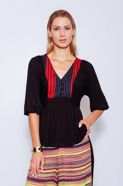Luisa Upcycled Top (from Dress) with Indigenous Front Yoke, Black