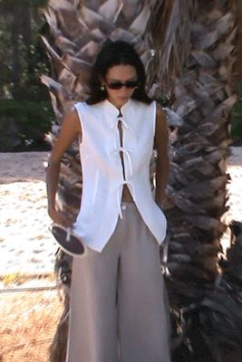 The Alma Stand-Up Collar Tie Vest in off-white