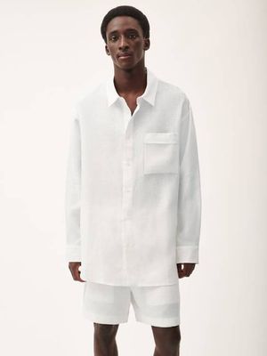 Archive Mens Aloe Linen Collared Long Sleeve Shirt—off-white