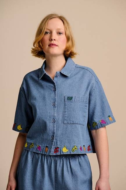 Archer - Cotton Shirt in Light Blue with Veg Embroidery