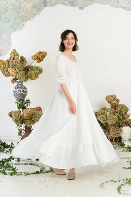 Maxi Carmen Dress, 3/4 Sleeve, White Magnolia