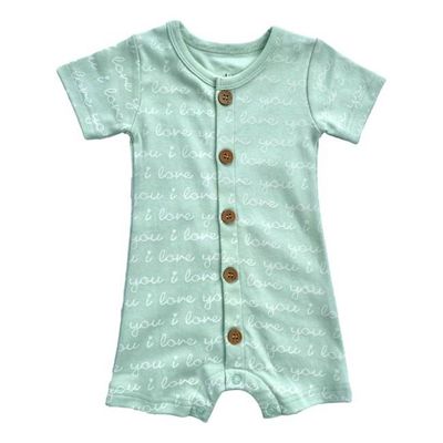 GOTS Certified Organic Cotton Short Sleeve Romper - I Love You (Desert Green)