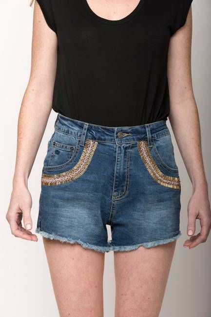 Samantha Beaded Denim Shorts, Indigo/Rose/Gold