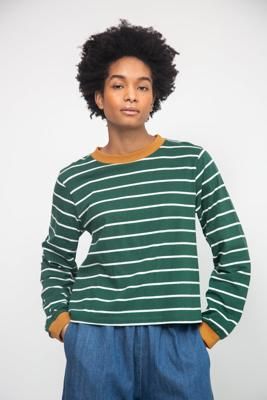 Sierra-Sue Organic Cotton Stripe Jersey Top in Pine Green & Off White Stripe