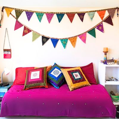 Upcycled sari flags, reusable sari bunting