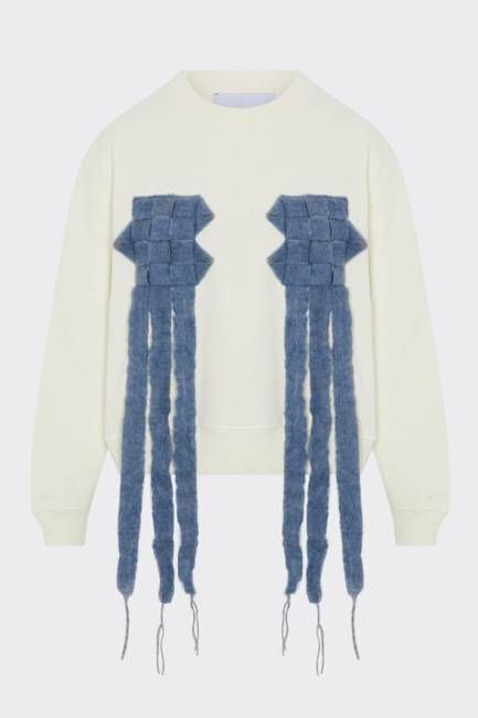 Organic Cotton White Oversized Jumper with Cross Patterned Trim