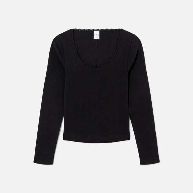 Lace Scoop Neck Long Sleeve Tee - Black