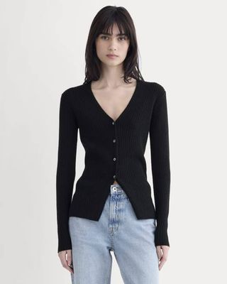 Cashmere Ribbed V-Neck Cardigan | Black