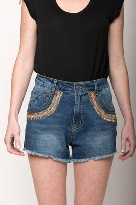 Samantha Beaded Denim Shorts, Indigo/Rose/Gold