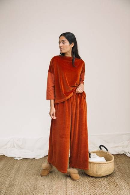 Odette Organic Cotton Velour Trouser in Paprika