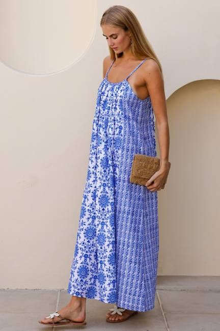 Bella Organic Cotton Block Print Sundress | White/Cobalt