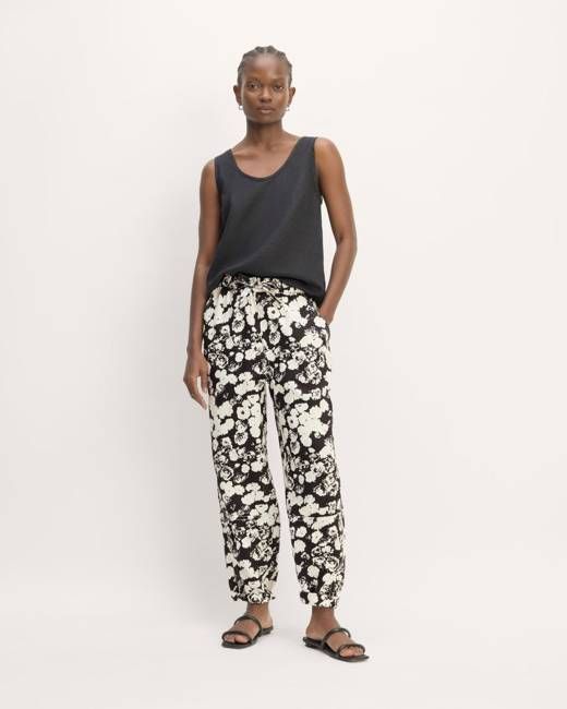 The Linen Pull-On Barrel Pant | Black / Bone Floral