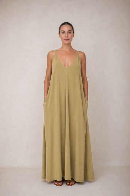 OLIVE CUPRO MAXI DRESS - ARCHIVE SALE