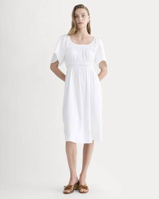 The Flutter-Sleeve Dress in Stretch Linen | White