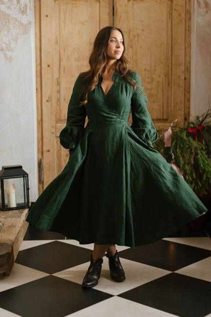 Darcy – Linen Wrap Dress with Ruffled V-Neckline