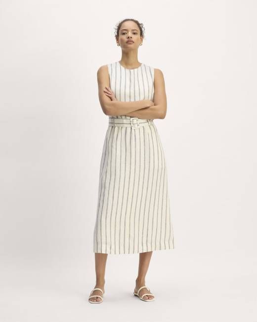 The Linen Belted Midi Dress | Bone/Navy
