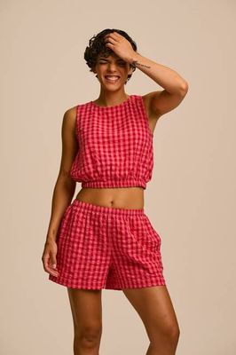 Lumi - Cotton Cropped Woven Top in Pink & Red Check