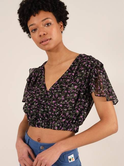 Wildflower Surplice Crop Top, Upcycled Polyester, in Black Flower Print
