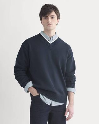 Relaxed V-Neck Sweater in Everyday Cotton | Deep Navy