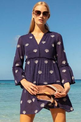 Cristina Bestickter Kaftan aus Bio-Baumwolle | Marineblau/Weiß