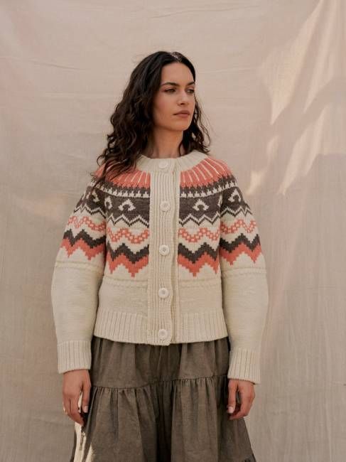 Fleetwood Cardigan in Ecru with Shrimp & Loam
