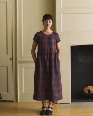 No.17 Full Length Linen Tea Dress in Mulberry Check