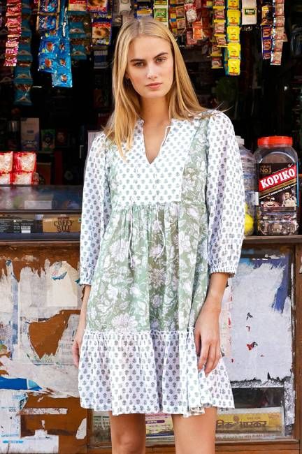 Marina Organic Cotton Print Mix Dress | Sage/White