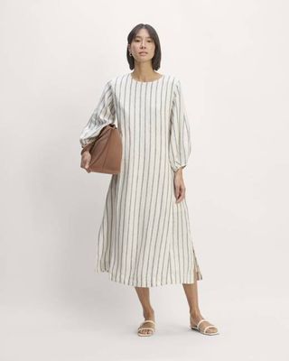 The Linen A-Line Midi Dress | Bone/Navy