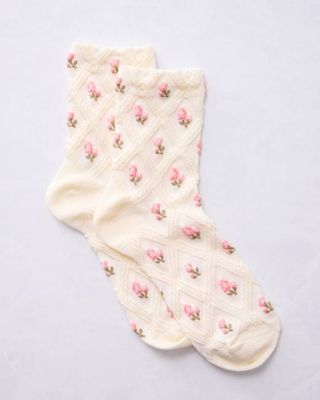 Cream Pink - Floral Casual Socks - Tiepology