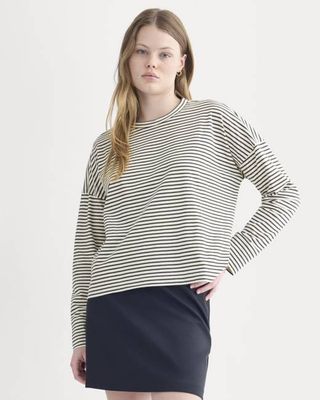 Oversized Boxy Crew in Essential Cotton | Bone / Pirate Black Stripe