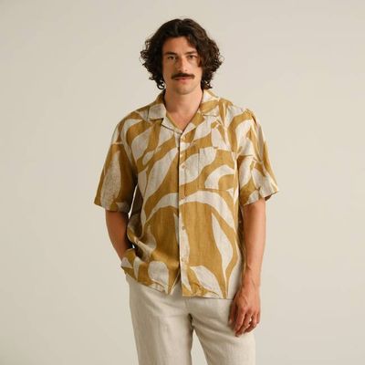 DEDICATED - Shirt Marstrand Linen Abstract Leaf Bronze Yellow