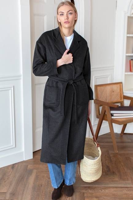 Drop Shoulder Long Coat - Charcoal