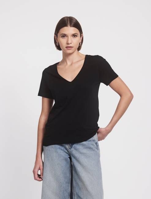 Lightweight Cotton V Neck  T-Shirt in Black