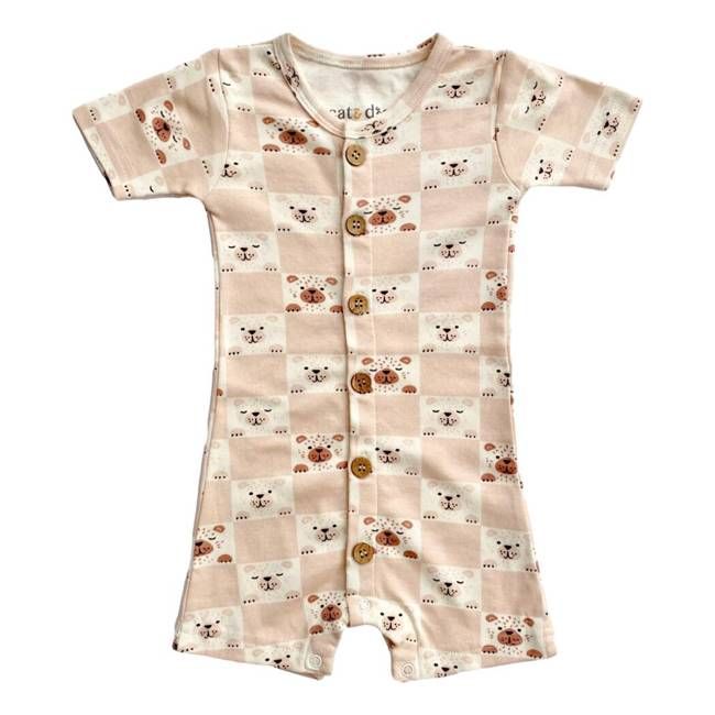 GOTS Certified Organic Cotton Short Sleeve Romper - Checkered Bear