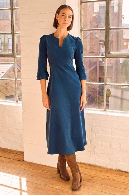 Jocelyn V-Neck 3/4 Sleeve Stretch Corduroy Dress | Peacock Blue